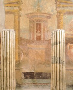 Wandmalerei im zweiten pompejanischen Stil, aus dem Haus des Labyrinths, Pompeji, Kampanien, römische Zivilisation von Roman Roman