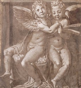 Zwei sitzende Engel singen, nach Polidoro da Caravaggio von Roman School