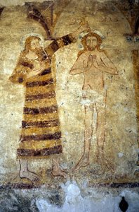 Wandmalereien aus dem 12. Jahrhundert in der romanischen Pfarrkirche von Asnieres sur Vegre (Sarthe), die Christus zeigen, der von Johannes dem Täufer getauft wird von Romanesque