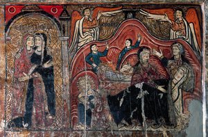 Die Heimsuchung und die Geburt mit den Hebammen Celomi und Salome (Detail) von Romanesque