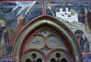 Gotisches Fenster und das Leben des Heiligen Pachomius, von der Nordwand der Kirche, ca. 1601 von Romanian School