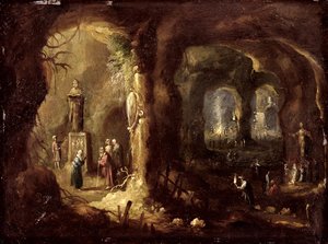 Grotte mit Statuen und zahlreichen Figuren, die Idole anbeten (St. Simeon Stylites), ca. 1640