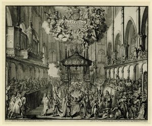 Chor der Westminster Abbey mit der Trauerfeier für die Königin, 1695 von Romeyn de Hooghe