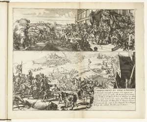 Zwei Darstellungen der Belagerung von Antwerpen durch den Herzog von Parma, 1584-1585 (Serie: Kriege in Flandern) von Romeyn de Hooghe