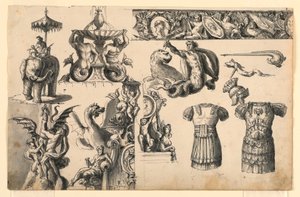 Dekorative Motive, drei Entwürfe für Brunnen von Romolo Achille Liverani