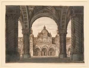 Bühnenbild, Kirchenfassade von einer Loggia, I due Valdomiri von Felice Romani, Musik von Pietro de Winter. Aufgeführt in La Scala, Mailand, 1818 von Romolo Achille Liverani