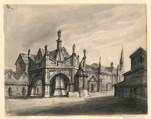 Bühnenbild, Außenansicht gotischer Gebäude von Romolo Achille Liverani