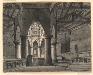 Bühnenbild, Inneres der gotischen Kapelle von Romolo Achille Liverani