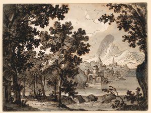 Bühnenbild: Landschaft mit Hütte, für die Oper La Straniera