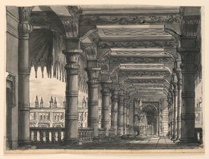 Bühnenbild, Loggia mit Brunnen in einem orientalischen Palast
