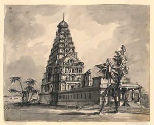 Bühnenbild, Ansicht eines indischen Tempels von Romolo Achille Liverani