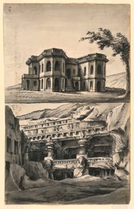 Bühnenbilder, Schloss in Landschaft und Tempel und Höhlen