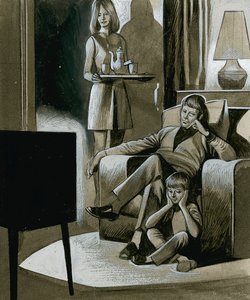 Familie schaut Schwarz-Weiß-Fernsehen in den 1960er Jahren