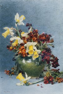 Narzissen und Goldlack in einer grünen Vase, 1890 von Rose Maynard Barton