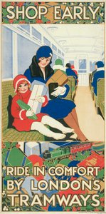 Kaufen Sie früh ein, fahren Sie bequem mit den Straßenbahnen Londons, London County Council Tramways Poster, 1928