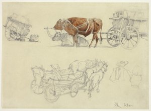 Studien von slowakischen Bauernwagen mit Ochsen und Pferden