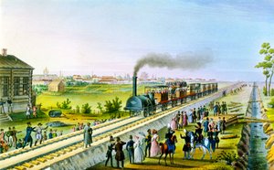 Eröffnung der ersten Eisenbahnlinie von St. Petersburg nach Pawlowsk, Russland, 1830er von Russian Master