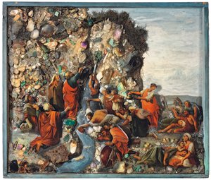 Eine Ikone, die Moses zeigt, wie er den Felsen schlägt, frühes 19. Jahrhundert von Russian School