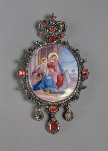 Panagia mit Miniatur der Madonna und des Kindes (bemaltes Emaille und geprägtes Silber mit Edelsteinen)