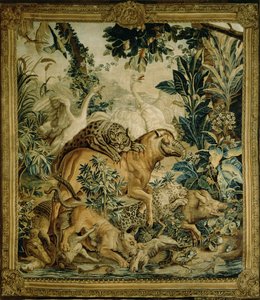 Wandteppich, der wilde Tiere zeigt, die an einem Wasserloch kämpfen, Kopie aus der indischen Teppichserie, entworfen von D. Deport, 1757 und hergestellt von der St. Petersburger Teppichfabrik