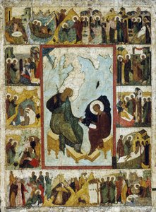 Der heilige Johannes der Evangelist auf Patmos mit Szenen aus seinem Leben, frühes 16. Jahrhundert