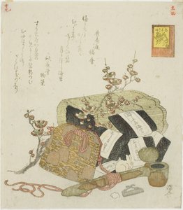 Seetang, tragbares Schreibetui und Pflaumenzweig, Nr. 5 aus der Serie "Die prahlerischen Heldentaten des Hasen (Usagi tegarabanashi)" von Ryuryukyo Shinsai