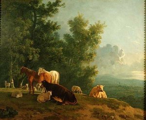 Pferde und Kühe in einer Landschaft