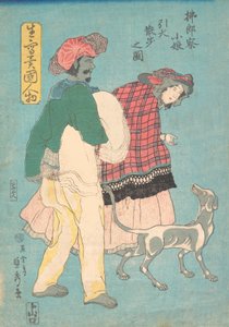 Eine junge französische Dame und ein siamesischer Diener führen einen Hund spazieren, November 1860 von Sadahide Utagawa