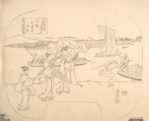 Proof Line-Block-Druck für Fächer, 19. Jahrhundert von Sadahide Utagawa