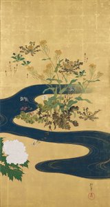 Blühende Pflanzen der vier Jahreszeiten und ein Bach von Sakai Hoitsu