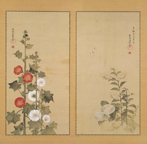 Lilien mit Hortensien und Stockrosen von Sakai Hoitsu