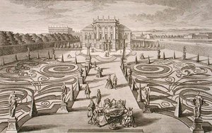 Österreichisches Haus und Garten, graviert von Johann August Corvinus, veröffentlicht um 1730-40