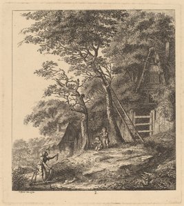 Ein Fischer und zwei Kinder in einer Landschaft mit strohgedeckten Hütten, 1764
