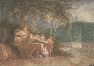 Ein Park mit Figuren an einer Statue in der Nähe von Wasser, 1775