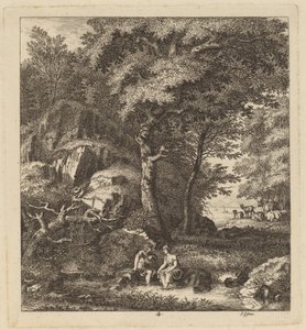 Ein Schäfer und eine junge Frau mit ihren Füßen in einem Bach, 1764