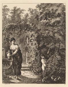 Putto besucht ein Mädchen an einem Brunnen, 1771 von Salomon Gessner