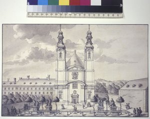 Vollseite: Vorderansicht der Servitenkirche im Vorort Rossau von Salomon Kleiner