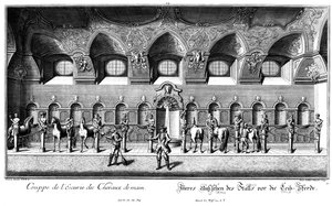 Innenansicht des Stalls für die Leibpferde von Salomon Kleiner