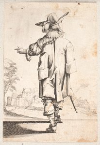 Kavalier von hinten gesehen: Gestikuliert mit der linken Hand. Trägt Umhang und Federhut. Umfriedete Stadt und Tor im Hintergrund von Salomon Savery