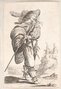 Gehender Mann, Dreiviertelprofil rechts, der nach dem Schwert an seiner Hüfte greift. Im Hintergrund eine Burg von Salomon Savery