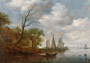 Flusslandschaft mit Segelbooten, die am Ufer entladen