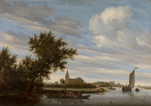 Flussansicht mit Kirche und Fähre von Salomon van Ruysdael