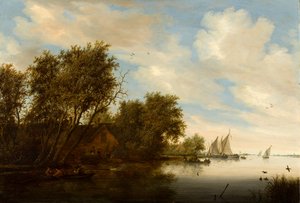 Flussansicht mit einem Mann, der Enten jagt von Salomon van Ruysdael