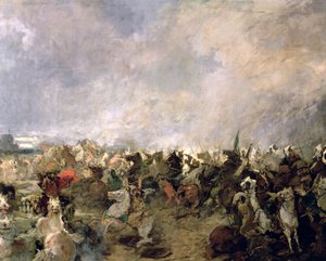 Die Schlacht von Guadalete, Detail der Flucht der Goten unter dem Kommando von König Roderich in Anwesenheit der muslimischen Kavallerie von Tarik Ibn Ziyad, 711 n. Chr. (Detail) von Salvador Martinez Cubells