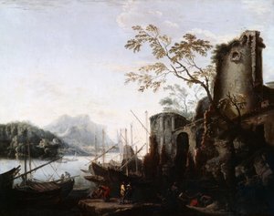 Meereslandschaft mit Türmen und Schiffen und Ruinen, ca. 1645