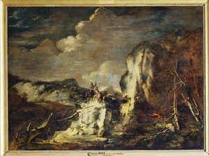 Felsige Landschaft mit einem Jäger und Kriegern von Salvator Rosa