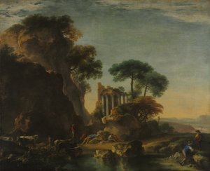 Ruinen in einer felsigen Landschaft, um 1640 von Salvator Rosa