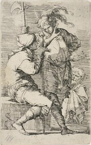 Zwei Krieger, einer mit Schwert, der andere mit Hellebarde; ein alter bärtiger Mann hinter ihnen, aus Figurine von Salvator Rosa