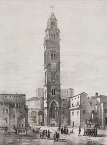 Glockenturm der Kathedrale von Gaeta, Latium, Italien, Lithografie von Salvatore Puglia nach einer Zeichnung von Pasquale Mattei (1813-1879), aus Poliorama Pittoresco, Nr. 48, 6. Juli