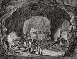 Höhle in der Nähe des Felsens von Gibraltar, Spanien, Lithographie von Salvatore Puglia